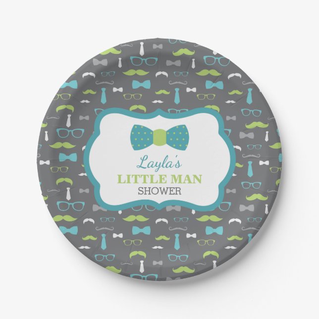 Little Man Paper Plate, Teal, Lime, Grey Plate (Front)