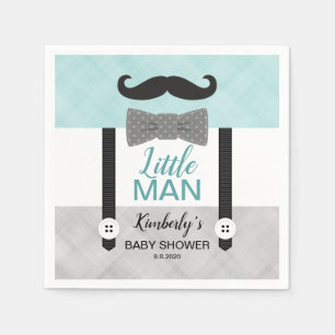 Little man suspenders green grey boy baby shower napkin