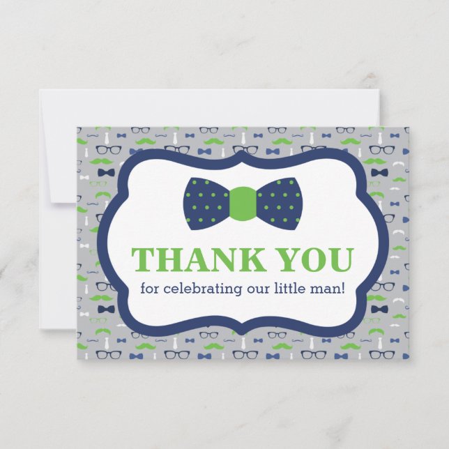 Little Man Thank You Card, Bow Tie, Blue, Green (Front)