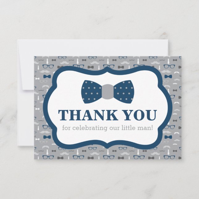 Little Man Thank You Card, Bow Tie, Navy, Grey Card (Front)