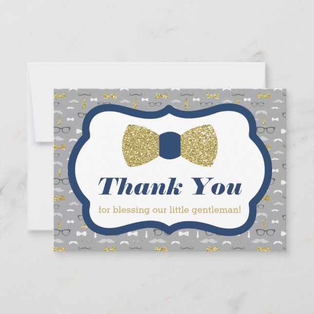 Little Man Thank You Card, Navy, Faux Glitter Card (Front)