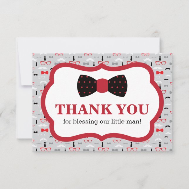 Little Man Thank You Card, Red, Black, Bow Tie (Front)