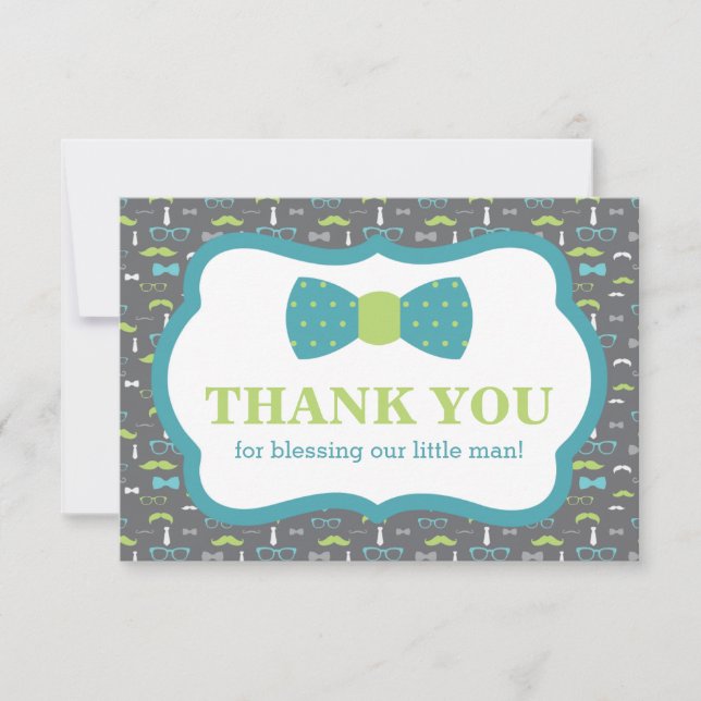 Little Man Thank You Card, Teal, Lime Green, Grey Card (Front)