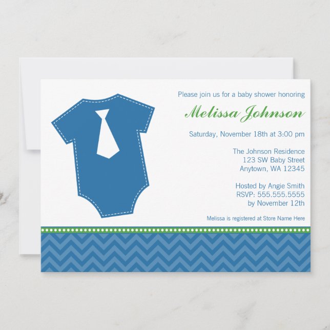 Little Man Tie Bodysuit Blue Green Boy Baby Shower Invitation (Front)