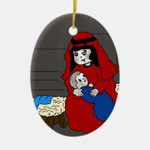 Little Mary and Baby Jesus in Red Ceramic Tree Decoration