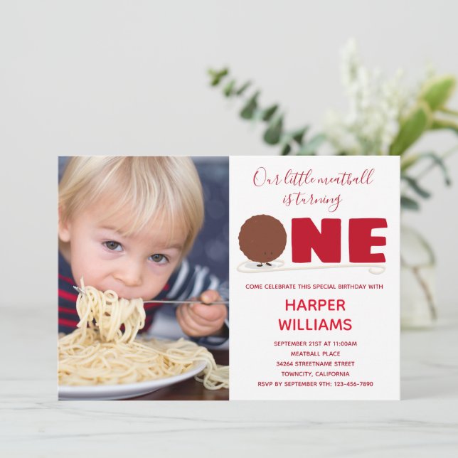 Little Meatball Turning One Photo First Birthday  Invitation (Standing Front)