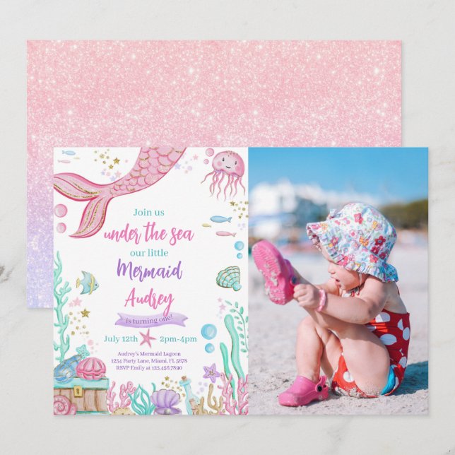 Little Mermaid 1st Birthday Photo Invitation (Front/Back)
