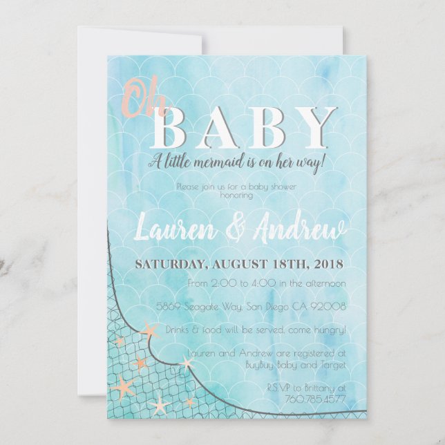 Little Mermaid Baby Shower Blue Watercolor Fish Invitation (Front)