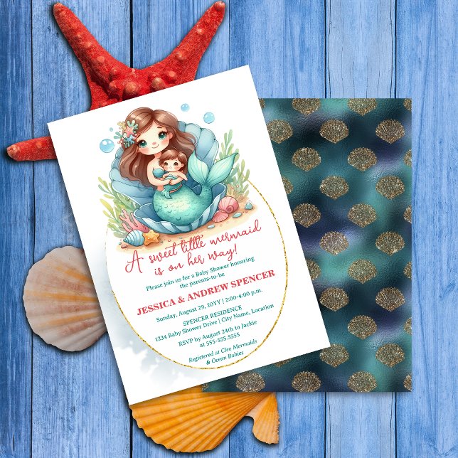 Little Mermaid Baby Shower Invitation (Sweet little baby mermaid baby shower invite front and back view.)