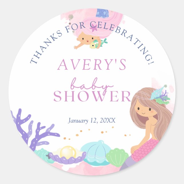 Little Mermaid Baby Shower Thank You Classic Round Sticker (Front)