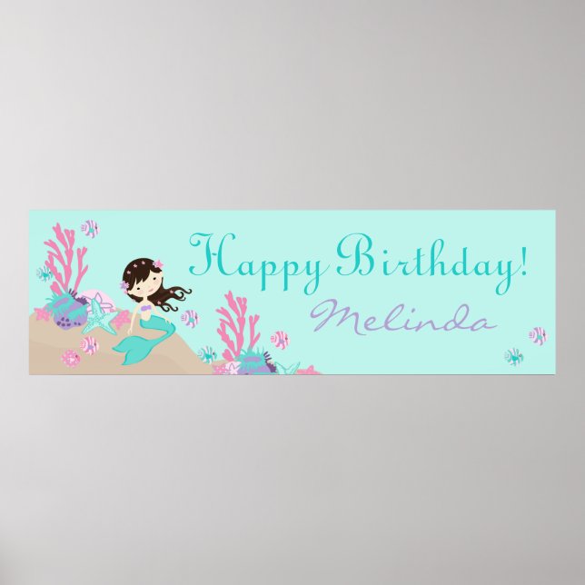 Little Mermaid Birthday Banner Brunette Poster (Front)
