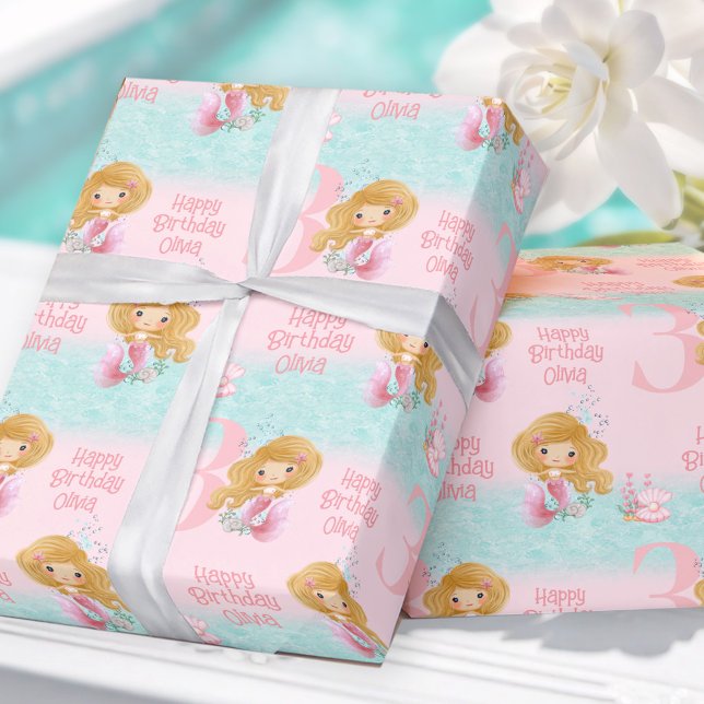 Little Mermaid Blonde Hair Pink Girl  Wrapping Paper (Little Mermaid Blond Hair Pink Girl Wrapping Paper)