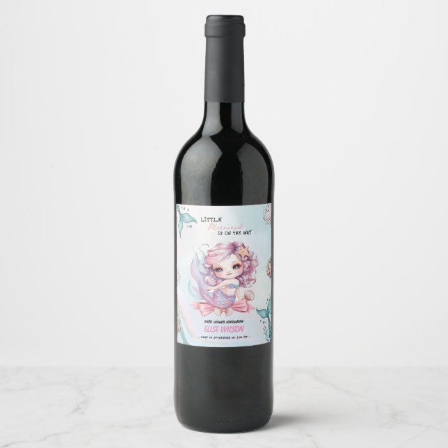 Little Mermaid bow is on the way baby shower Wine Label (Front)