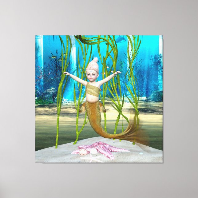 Little Mermaid Cute Fantasy Girl, Blue Ocean Canvas Print (Front)