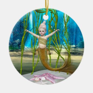 Little Mermaid Cute Fantasy Girl, Blue Ocean Ceramic Tree Decoration
