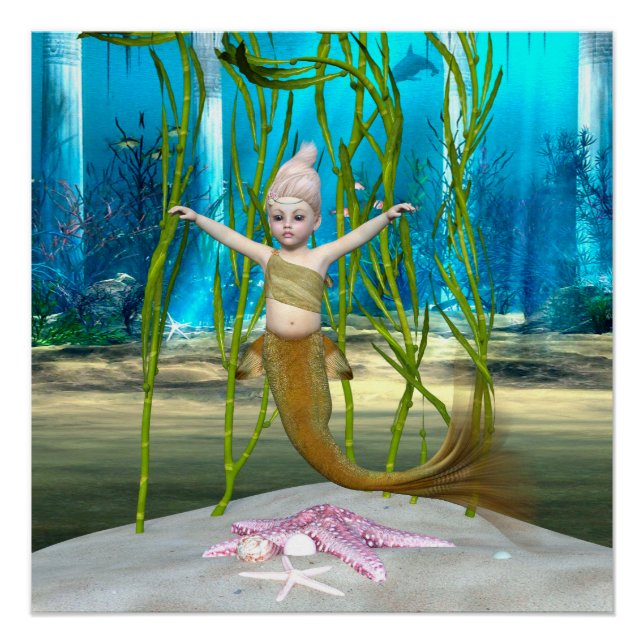 Little Mermaid Cute Fantasy Girl, Blue Ocean Poster (Front)