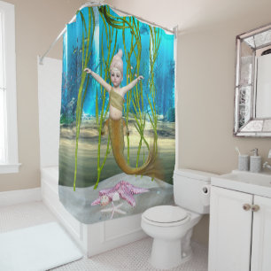 Little Mermaid Cute Fantasy Girl, Blue Ocean Shower Curtain
