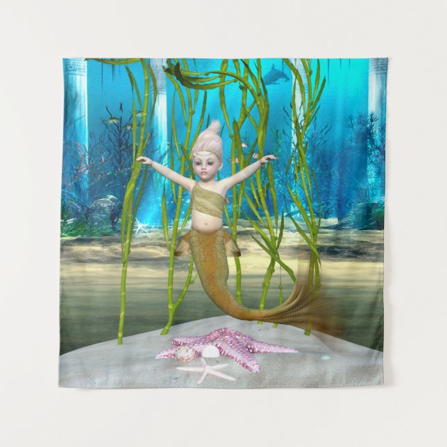 Little Mermaid Cute Fantasy Girl, Blue Ocean Tapestry (Front)