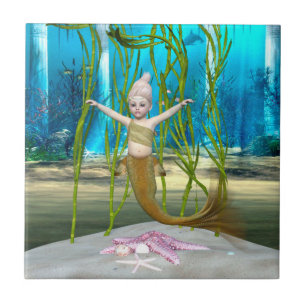 Little Mermaid Cute Fantasy Girl, Blue Ocean Tile
