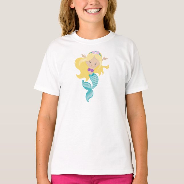Little Mermaid, Cute Mermaid, Blonde Hair, Shells T-Shirt (Front)