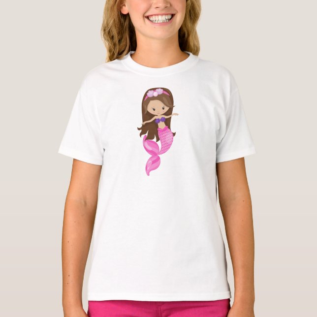 Little Mermaid, Cute Mermaid, Brown Hair, Shells T-Shirt (Front)