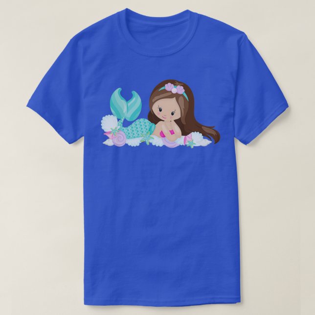 Little Mermaid Cute Mermaid Shells Brown Hair T-Shirt (Design Front)