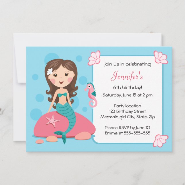 Little mermaid girl cute girly birthday invitation (Front)