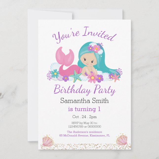 Little Mermaid Glitter Birthday Party Invitation (Front)