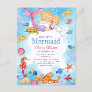 Little mermaid invitation to children's birthday postcard