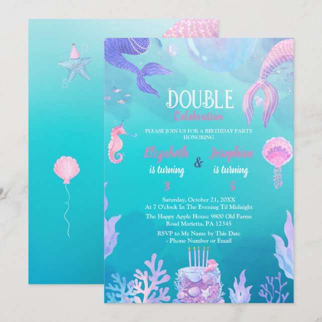 Little Mermaid kids Double Celebration Birthday   Invitation (Front/Back)