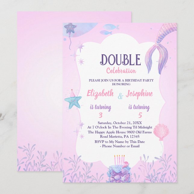 Little Mermaid kids Double  Celebration Birthday  Invitation (Front/Back)