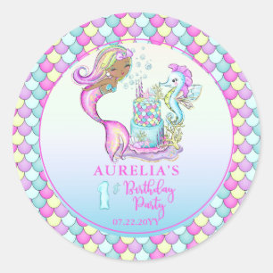 Little Mermaid of Color - Girl 1st Birthday Party Classic Round Sticker