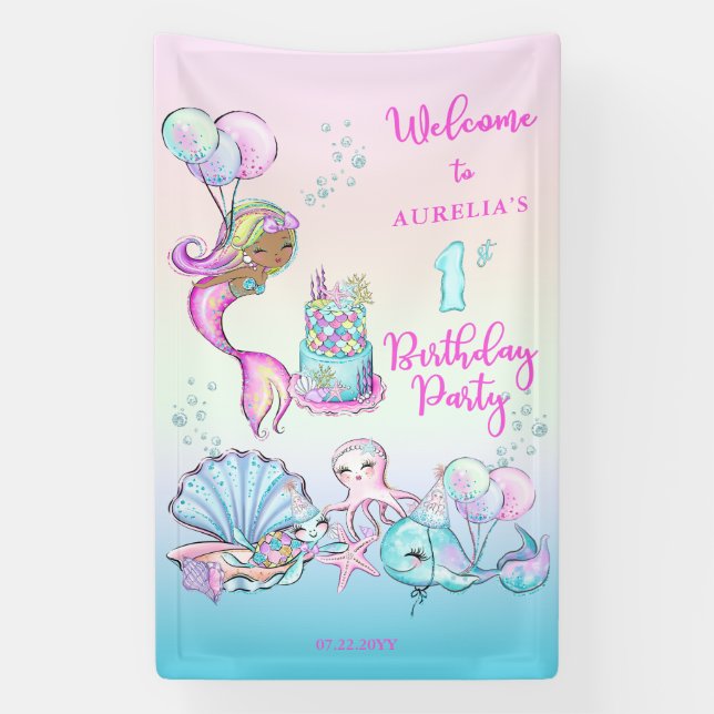 Little Mermaid of Colour - Girl 1st Birthday Party Banner (Vertical)