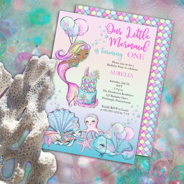 Little Mermaid of Colour Girl 1st Birthday Party Invitation (Creator Uploaded)