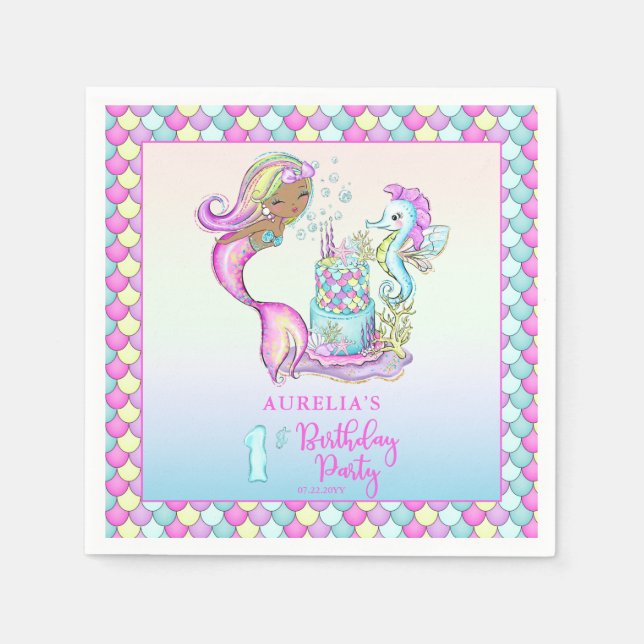 Little Mermaid of Colour - Girl 1st Birthday Party Napkin (Front)