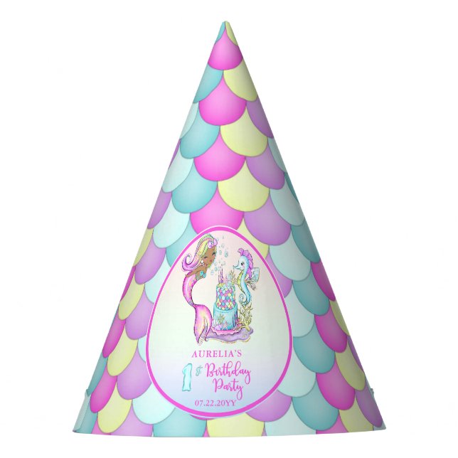 Little Mermaid of Colour - Girl 1st Birthday Party Party Hat (Front)