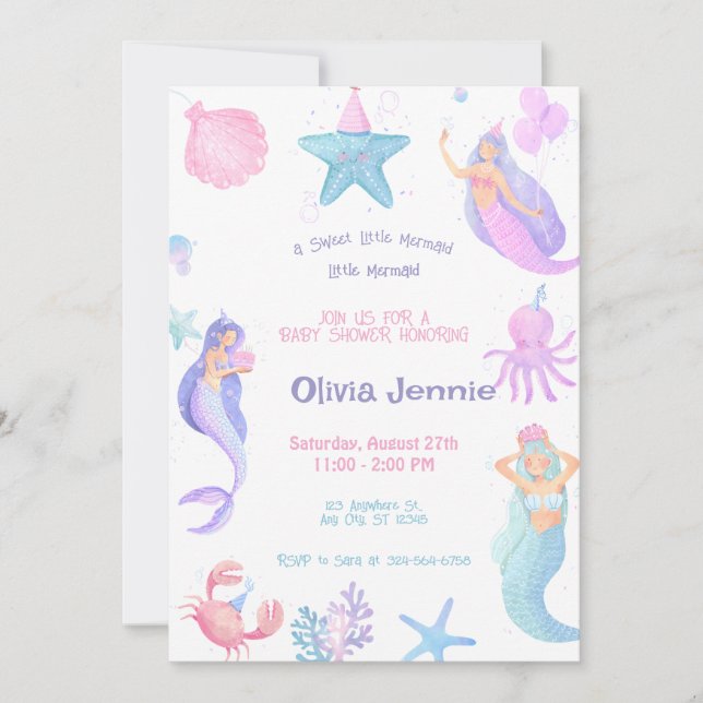 Little Mermaid Purple Pink Baby Shower  Invitation (Front)