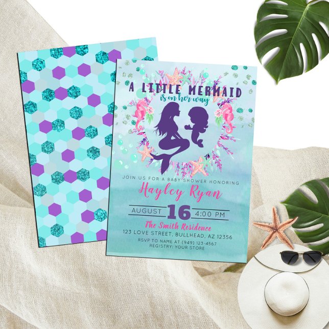 Little Mermaid Purple Teal Floral Baby Shower Invitation (Creator Uploaded)