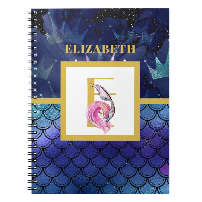Little Mermaid Scales Monogram Girls Blue Pink Notebook (Front)