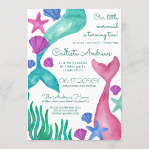 Little Mermaid Tails Seashells Watercolor Birthday Invitation