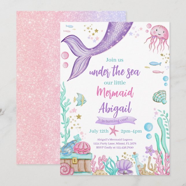 Little Mermaid Under The Sea Birthday Invitation (Front/Back)
