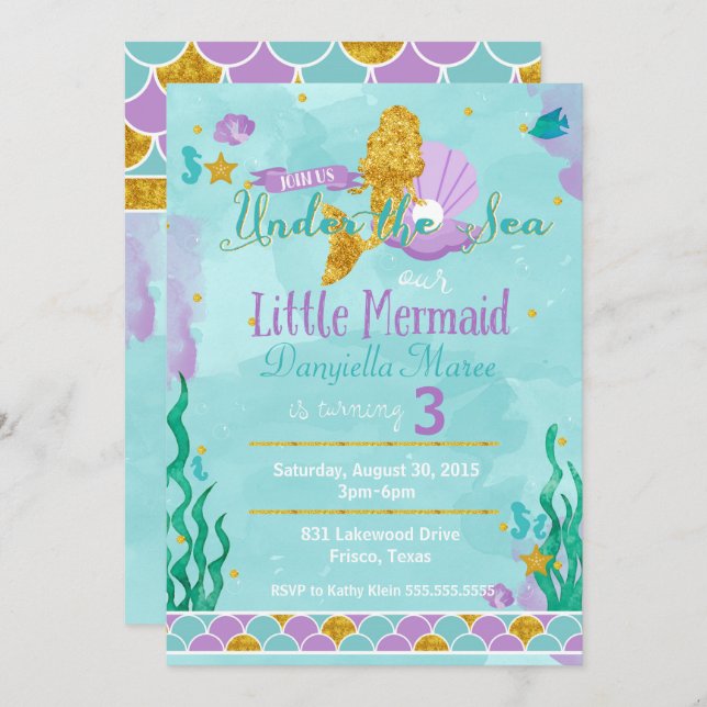 Little Mermaid Under the Sea Birthday Invitation (Front/Back)