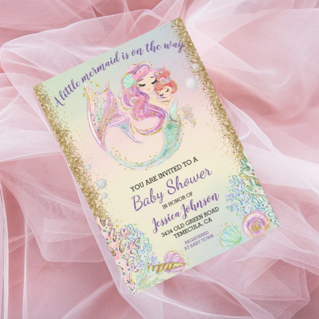 Little Mermaid Watercolor Baby Shower Gold Invitation (Creator Uploaded)