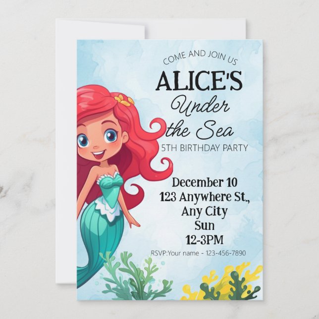 Little Mermaid Watercolor Birthday Invitation (Front)