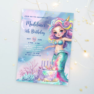 Little Mermaid Watercolor Under The Sea Birthday Invitation