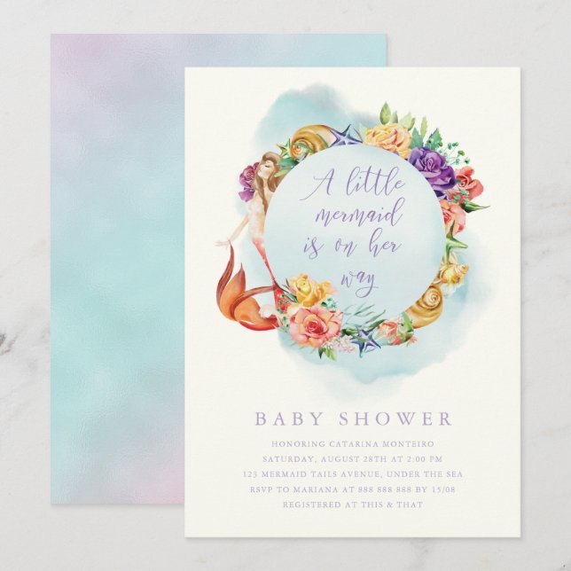Little Mermaid Way Baby Shower Girl Simple Floral Invitation (Front/Back)
