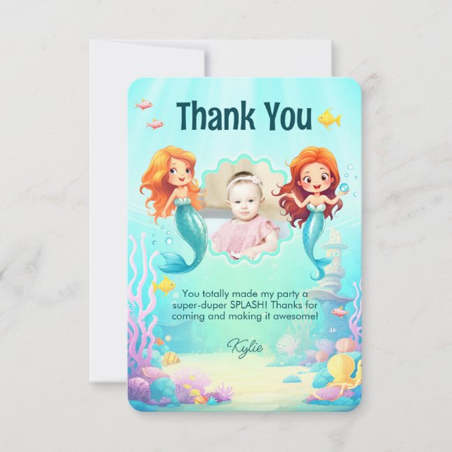 Little Mermaids Under the Sea Birthday Thank You Card (Front)