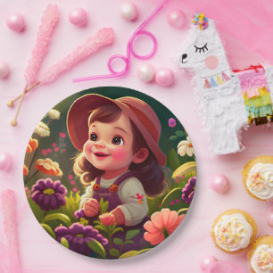  Little  Minimalist Girl Garden Round Paper Plate
