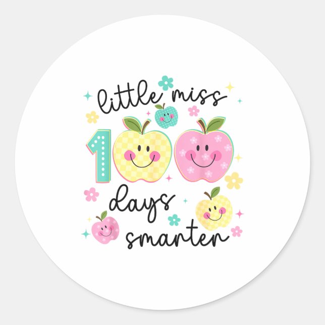 Little Miss 100 Days Smarter Kids Girls 100th Day  Classic Round Sticker (Front)
