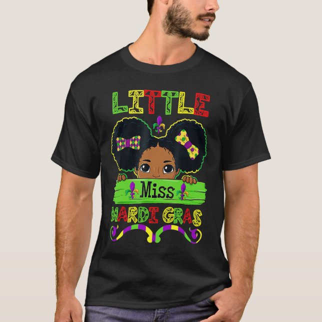 Little Miss Beads Mardi Gras Parade Cute Black Gir T-Shirt (Front)